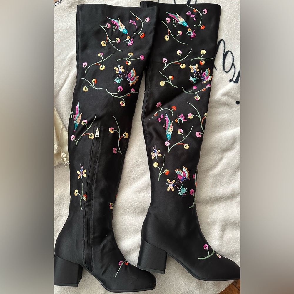 Marni over the knee embroidered satin boots